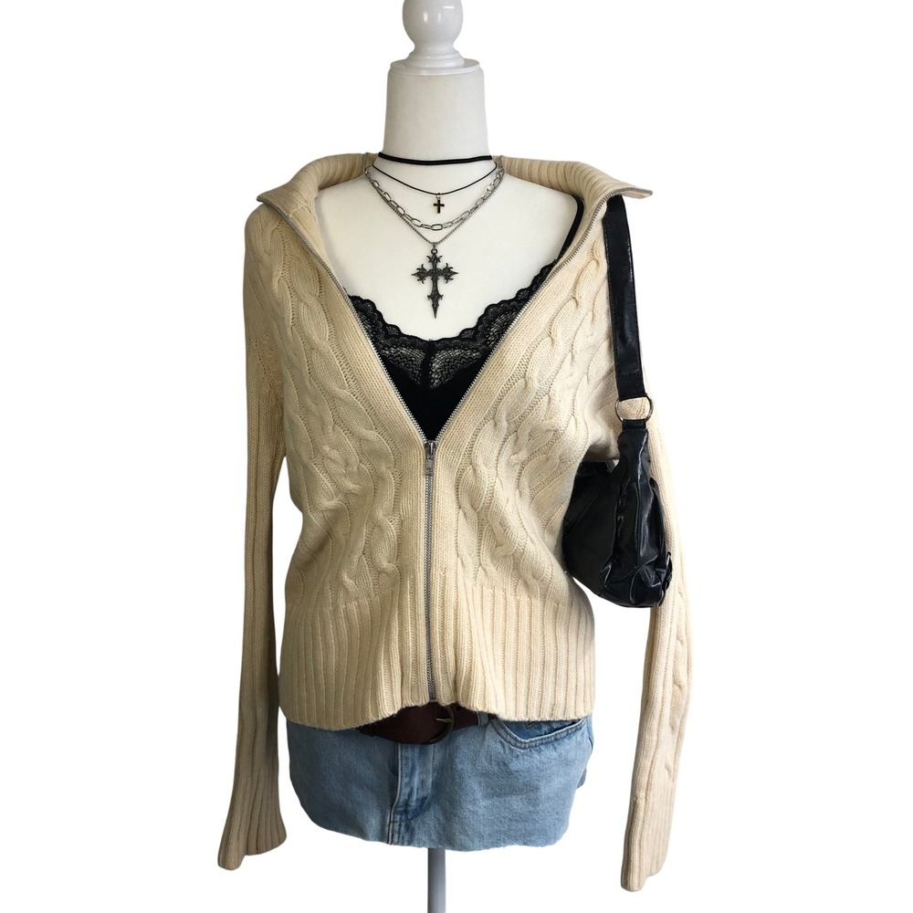 Vintage Y2K H&M 80% Lambswool Cable Knit Zip Cardigan Sweater Cream Womens L